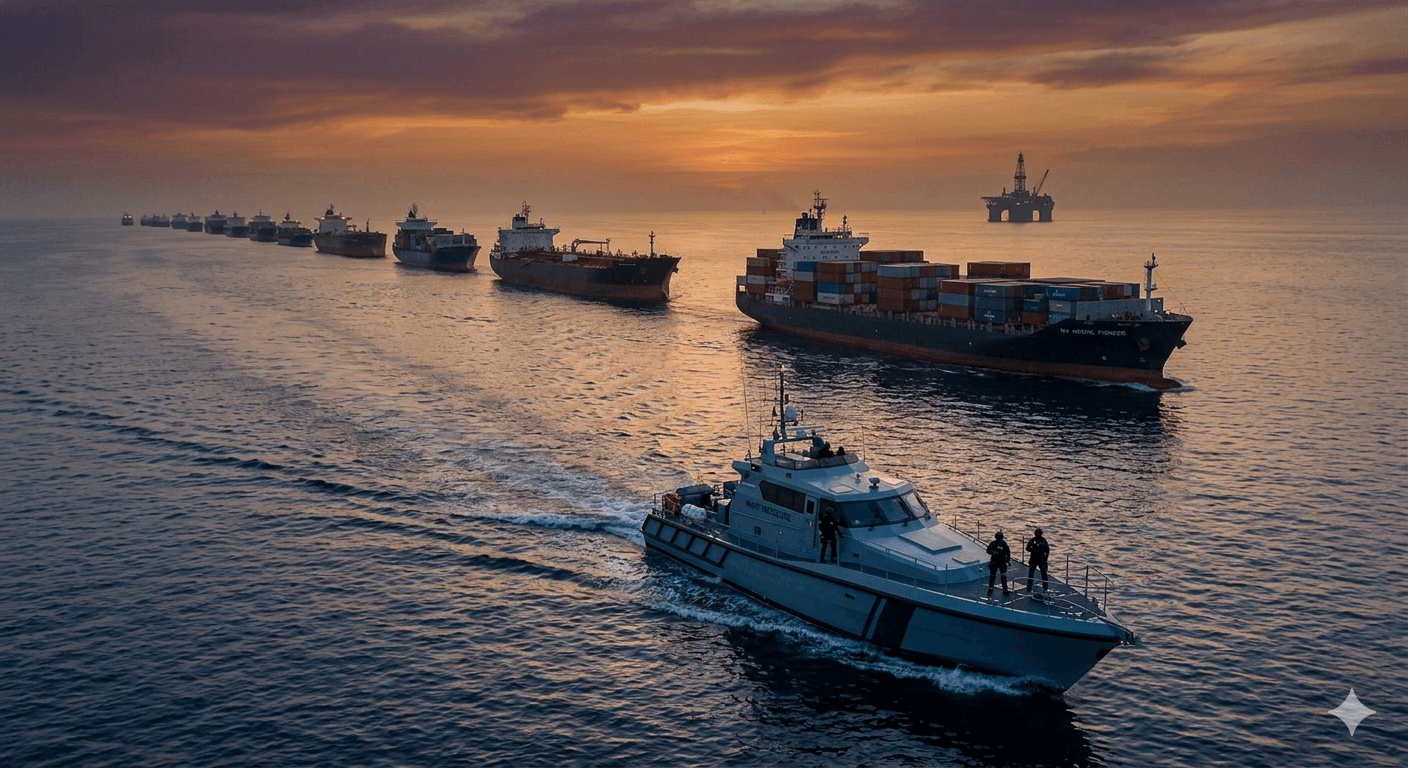 The protected convoy passing through the Gulf of Guinea