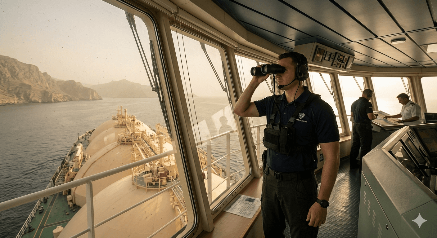 Security escort vessel accompanying an LNG carrier