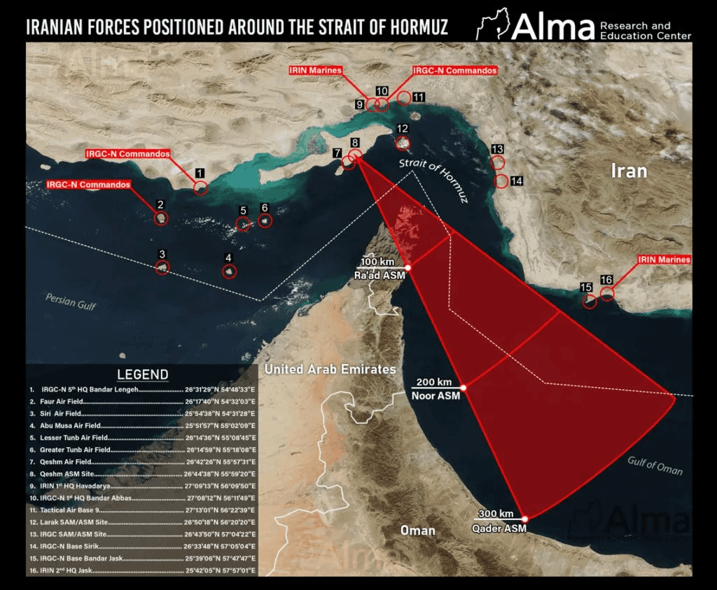 Strategic map showing the transit route through the Strait of Hormuz
